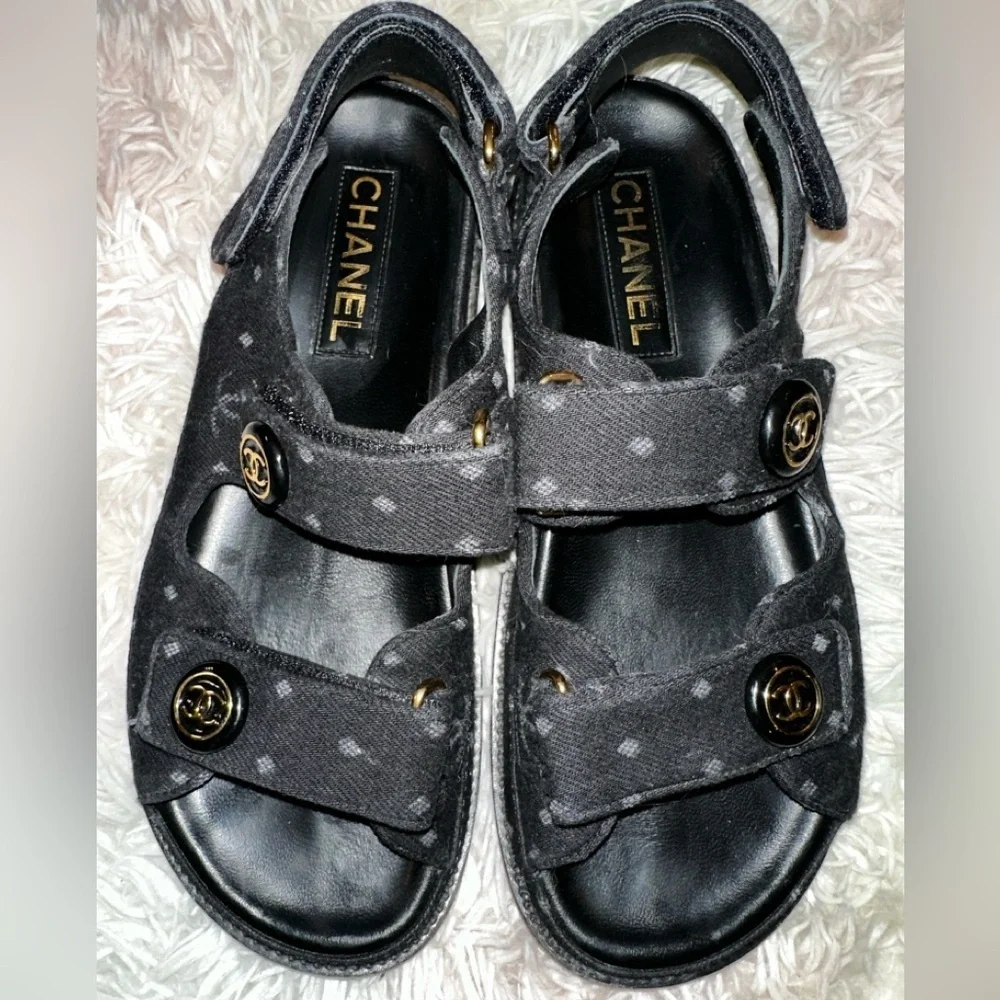 Authentic Chanel CC Logo Slingback Dad Sandals in Black Denim Size 39 - Picture 6 of 16